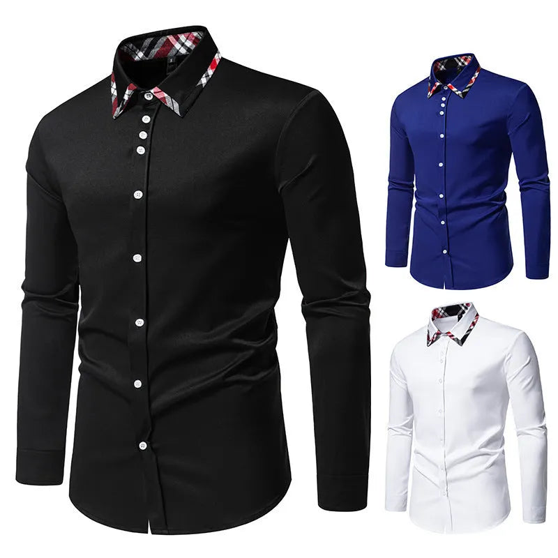 Men's plaid long sleeve shirt with a triangle collar in blue, black, or white.