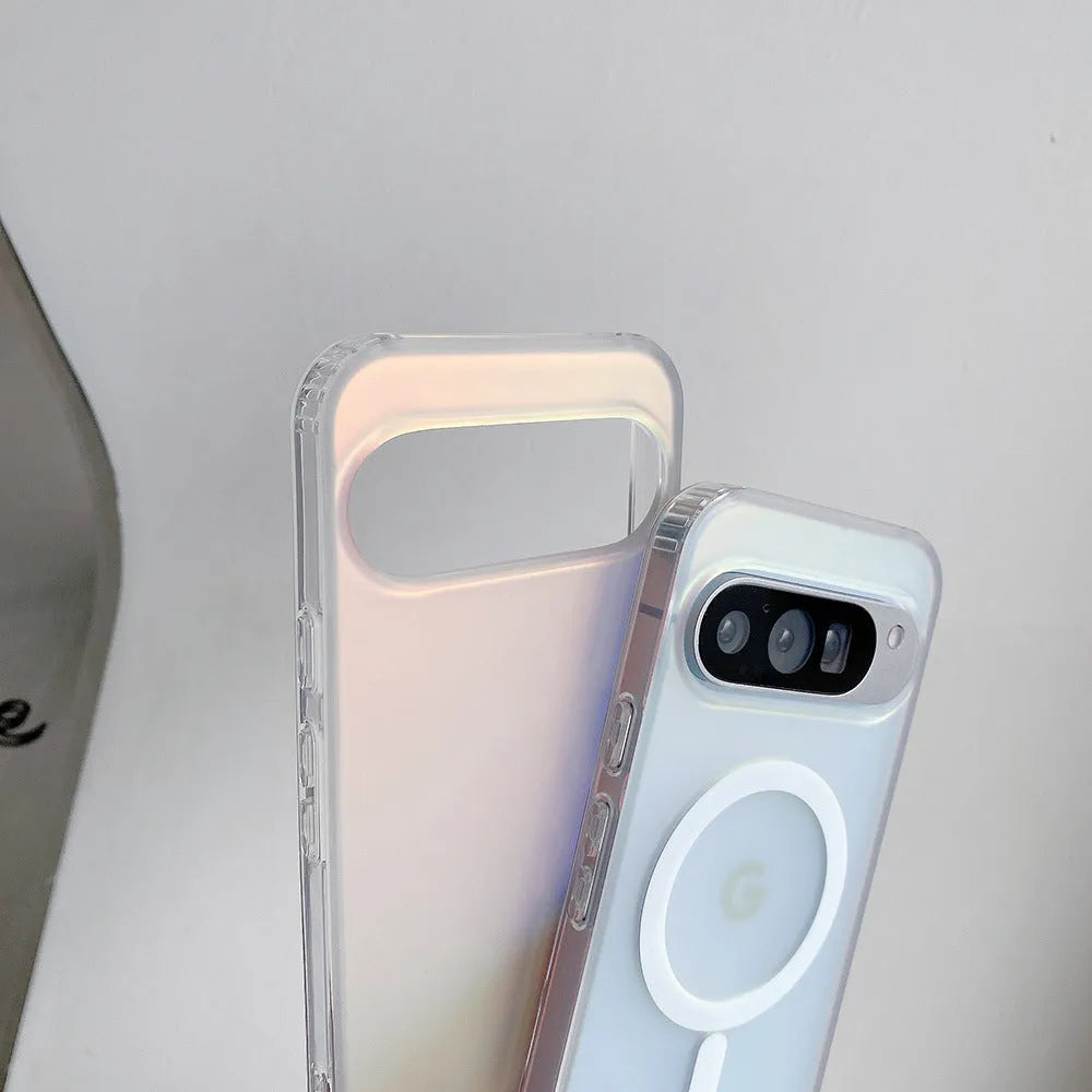 Transparent laser frosted magnetic phone case for Google Pixel models on a table.