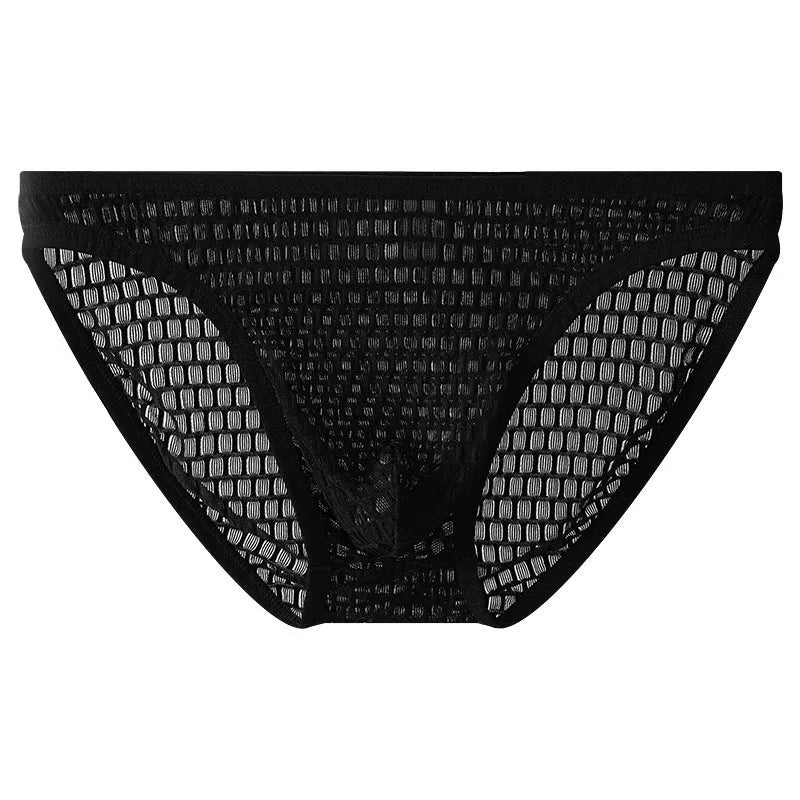 Men's low waist lace underwear shorts in black, showing transparent visual style and lace fabric detail.