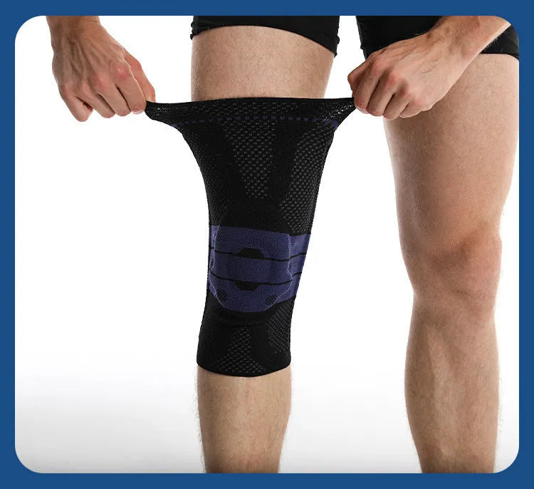 Adult black and blue nylon spandex knee pad for sports protection.