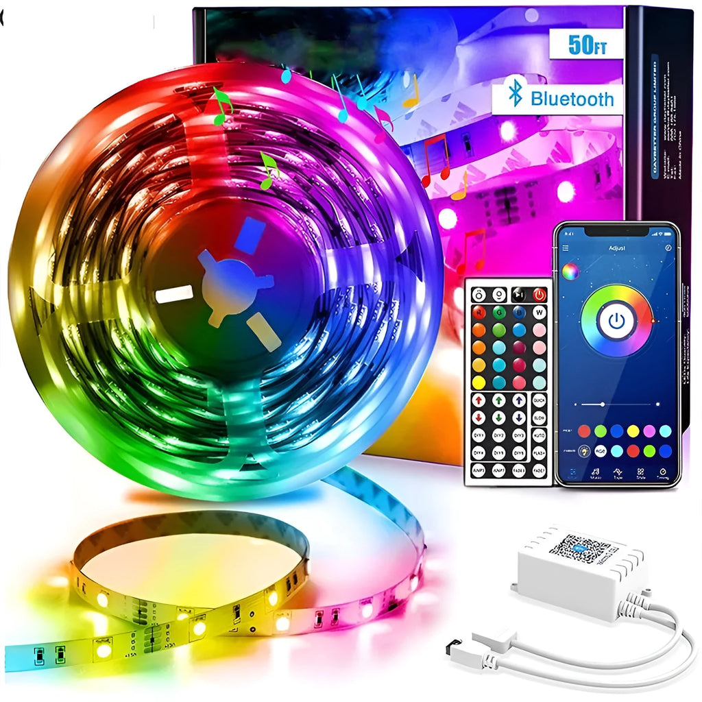 LED 5050 RGB light strip with Bluetooth remote control and power adapter on white background
