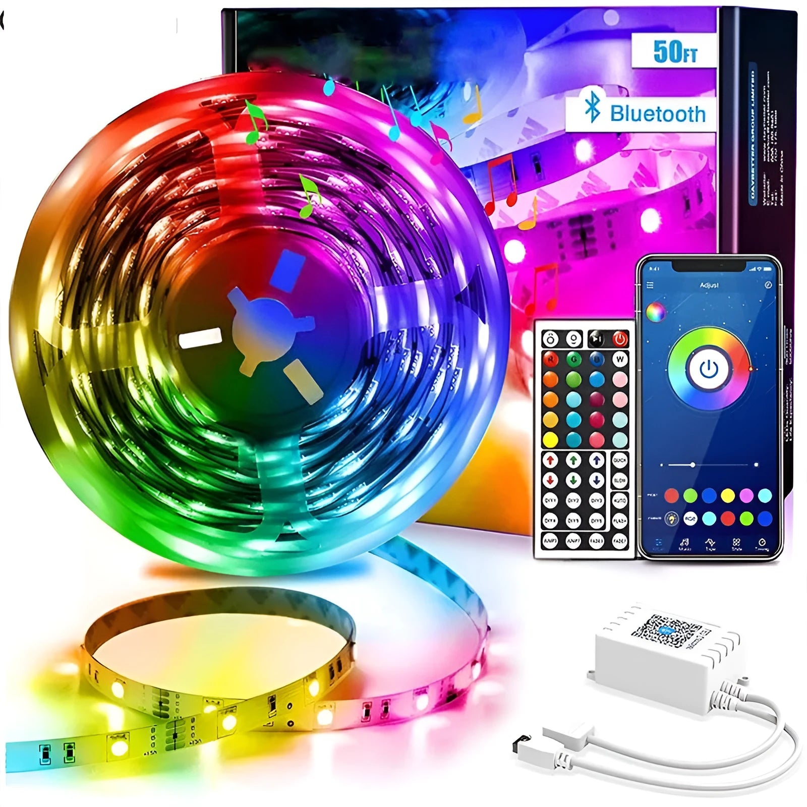 LED 5050 RGB light strip with Bluetooth remote control and power adapter on white background