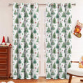 Close-up of a white polyester curtain with a punched Christmas tree forest pattern, showing its texture and light-filtering quality.