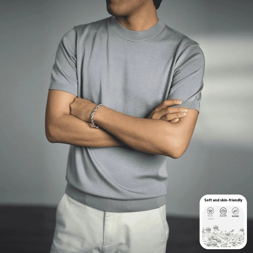 Men's knitted round neck T-shirt in a solid colour, showing short sleeves and non-iron finish.