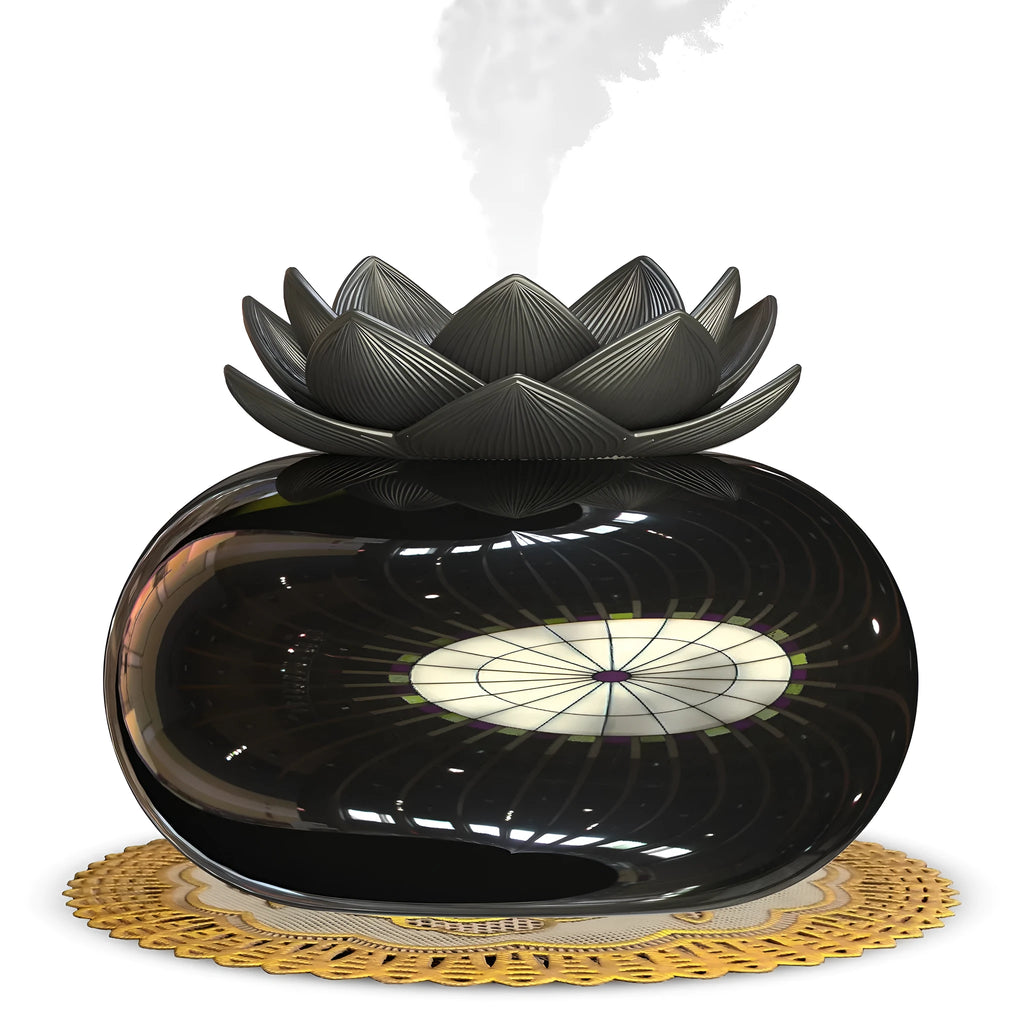 Pure black USB-powered ultrasonic aromatherapy humidifier with ceramic lotus design