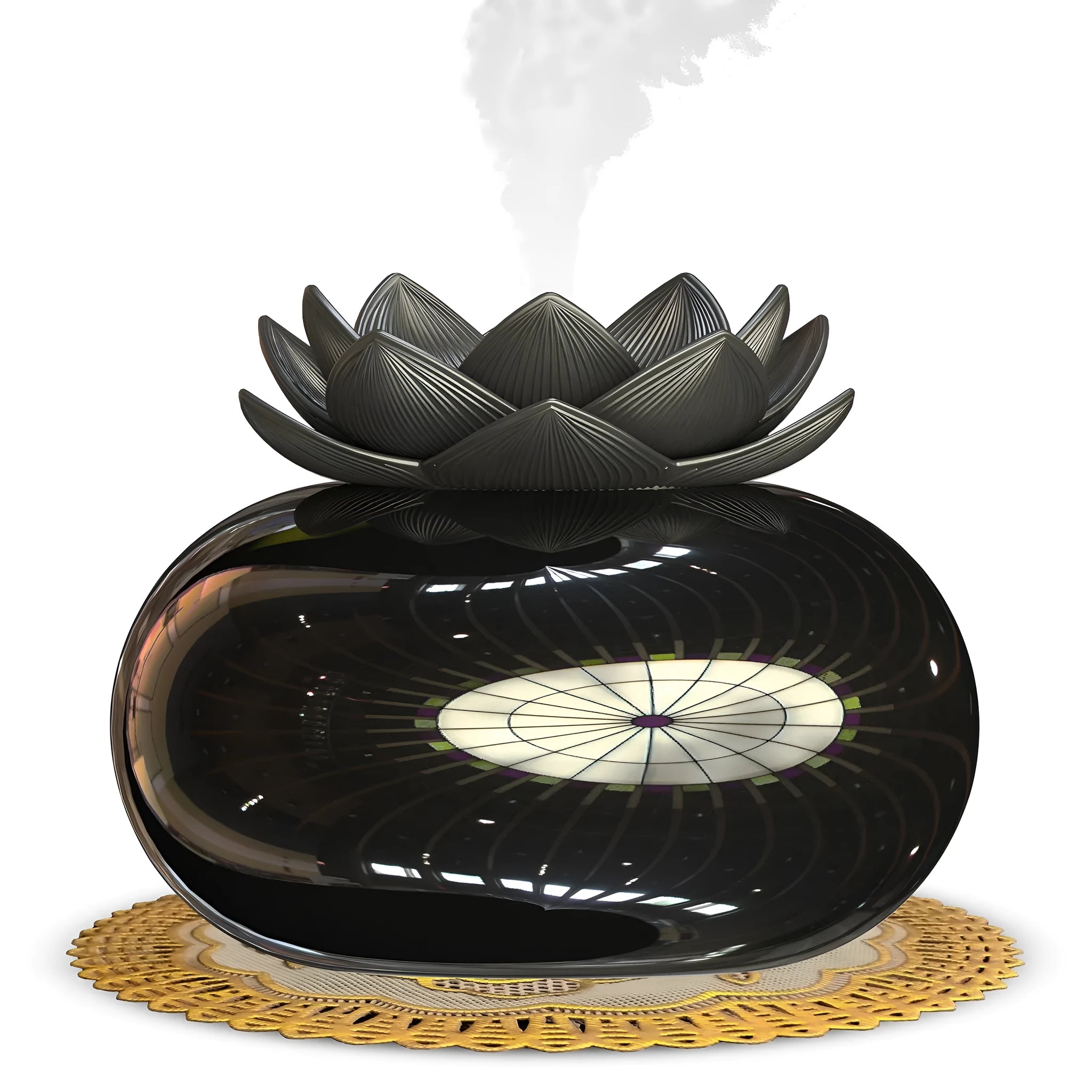 Pure black USB-powered ultrasonic aromatherapy humidifier with ceramic lotus design