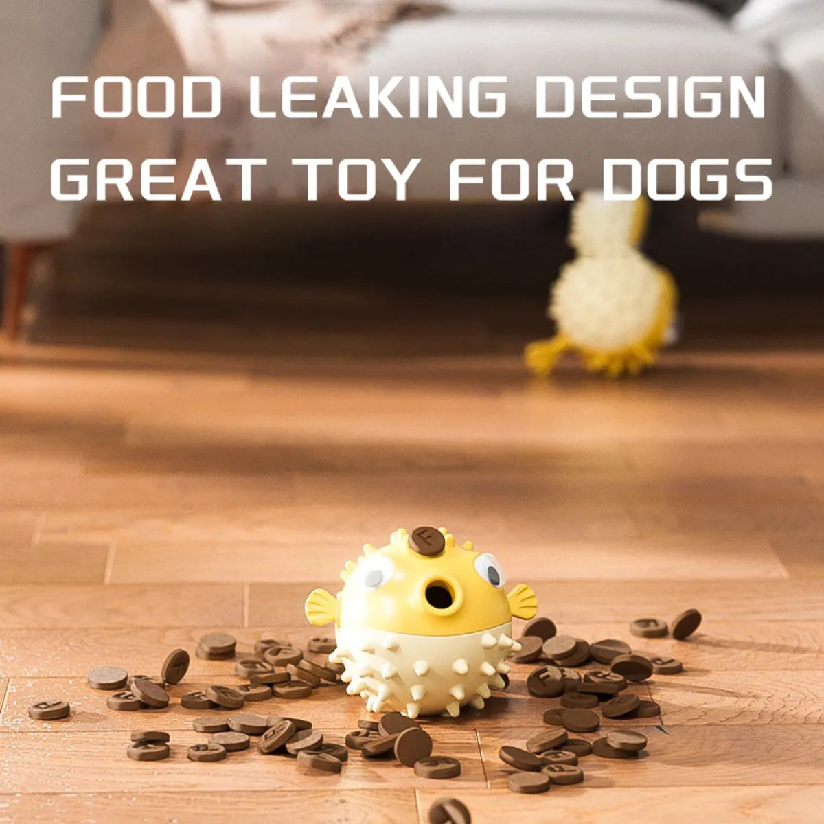 Yellow vinyl fish-shaped dog chew toy with textured surface for dental care
