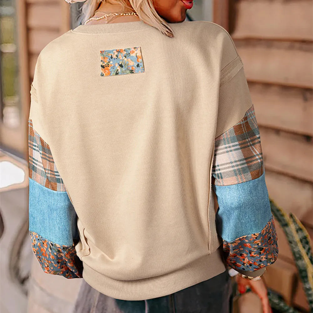 Women's loose fit plaid stitching long-sleeved polyester top in apricot colour