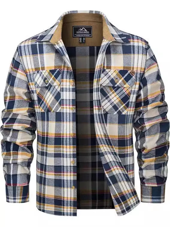 Men's casual plaid button shirt in cardigan style for winter, available in multiple colours.