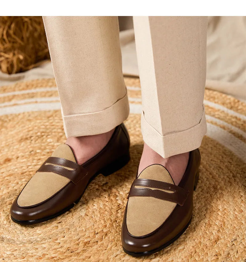 Men's coffee grey suede leather loafers in British style with a slip-on design