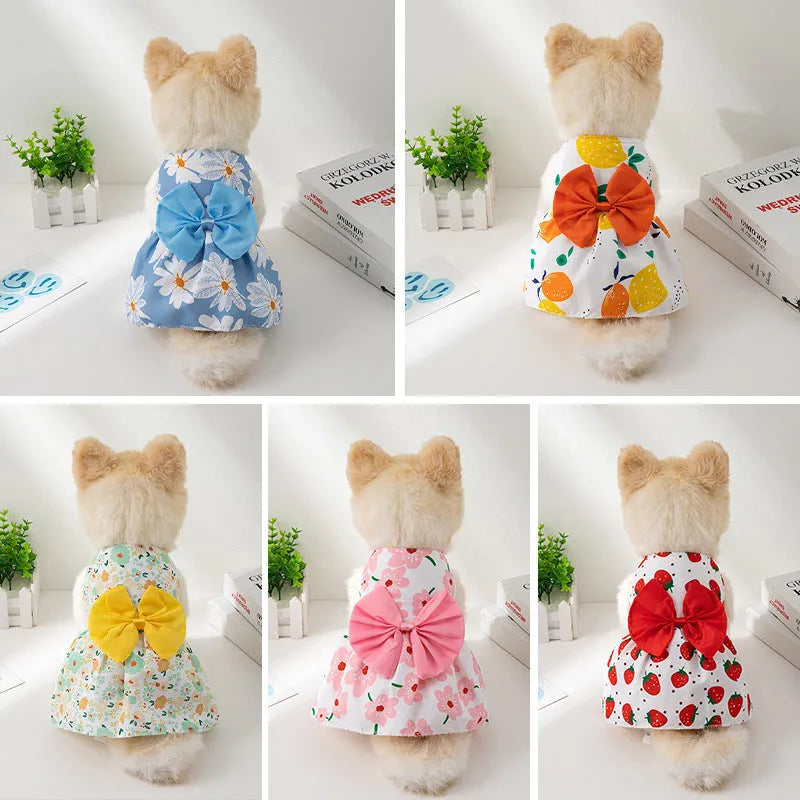 Ultra-thin summer pet dress with floral butterfly knot at neck in multiple bow colour options