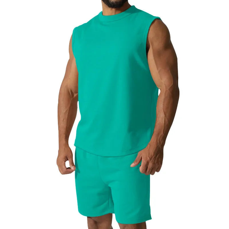 Men's sleeveless top and shorts cotton blend sports suit set in multiple solid colours