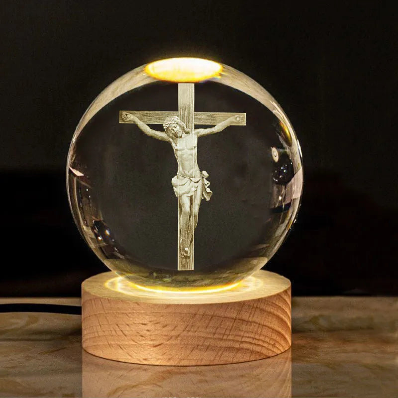 White crystal ball lamp with solid wood base and warm lighting in religious designs