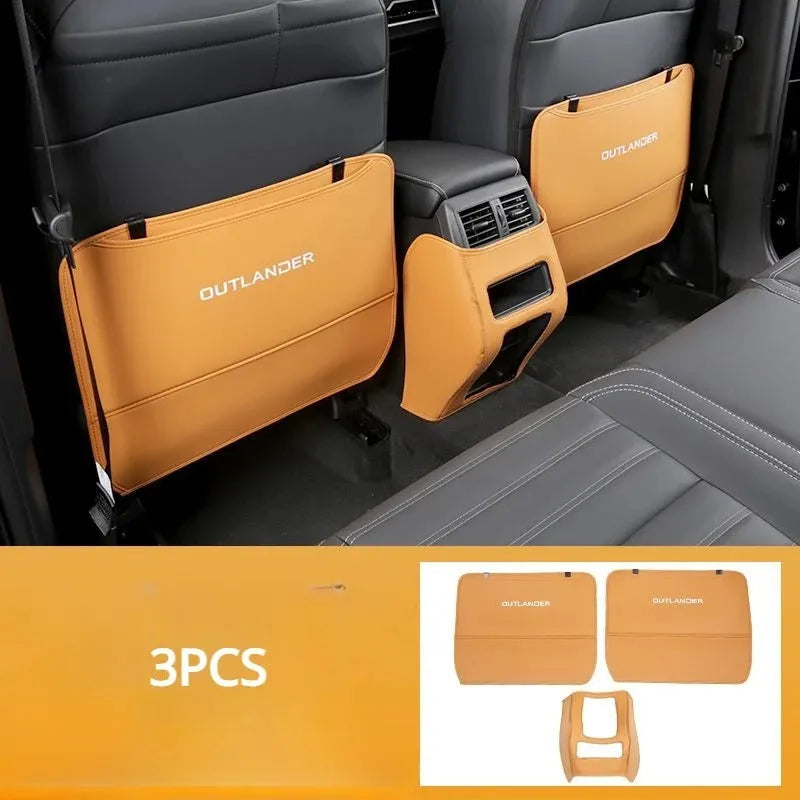 Three black leather anti-kick protection pads for Mitsubishi Outlander seat armrests and centre console