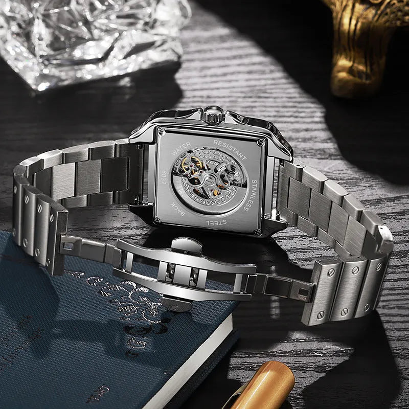 Men's square automatic watch with diamond-studded case on steel belt strap