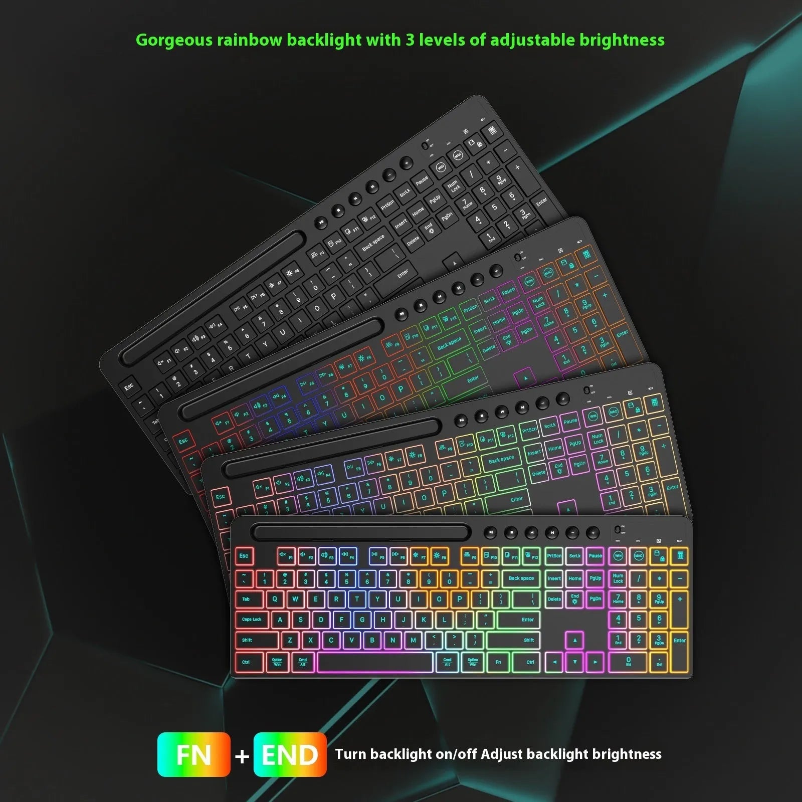 Wireless keyboard and mouse set with luminous keys and card slot on a desk