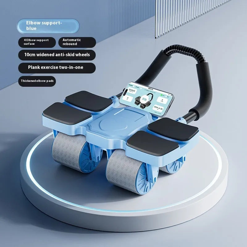 Abdominal exercise wheel with four wheels and automatic rebound mechanism in blue colour.
