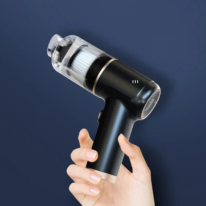 Black wireless handheld car vacuum cleaner with tyre inflation function and multiple attachments