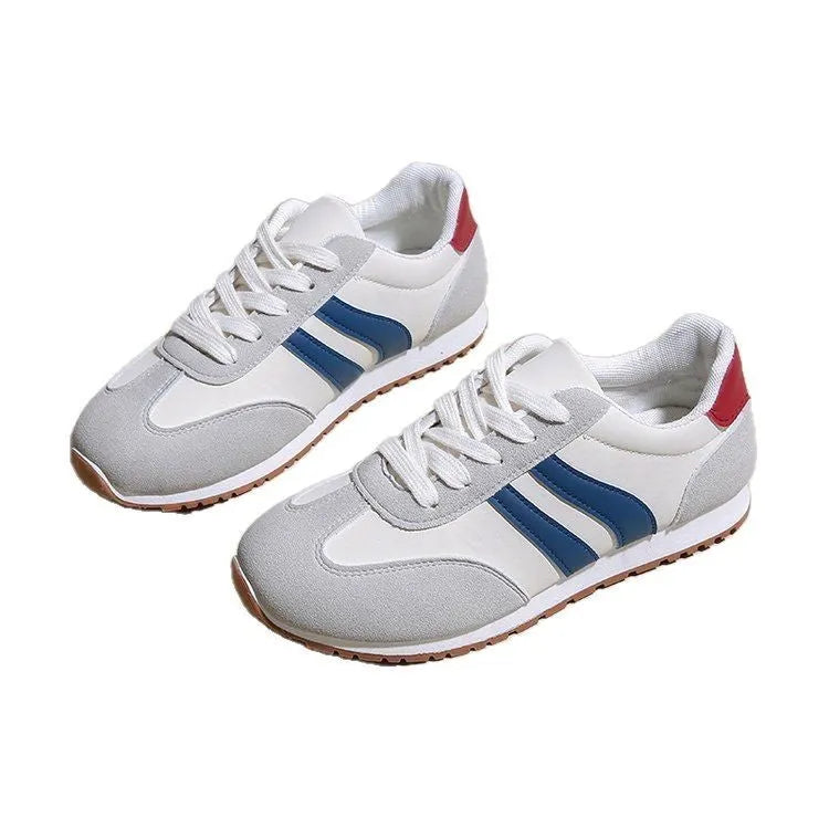 Blue and grey Cortez stripes sports shoes with rubber sole and round toe design