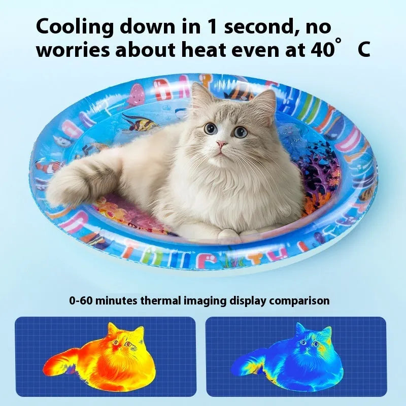 Inflatable PVC water cooling mat for pets on a blue background.