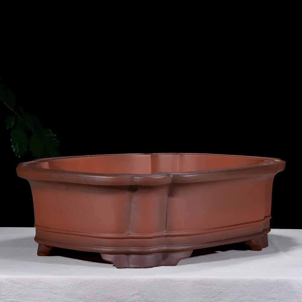 Large antique finish purple clay flower pot with Chinese styling, dimensions 71cm long by 54cm wide
