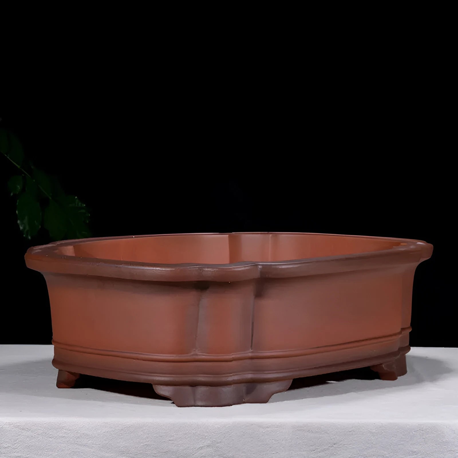 Large antique finish purple clay flower pot with Chinese styling, dimensions 71cm long by 54cm wide