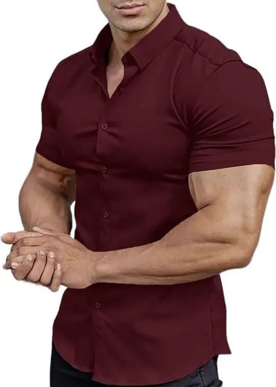 Men's casual short sleeve printed shirt with collar in cardigan style, available in multiple colours.