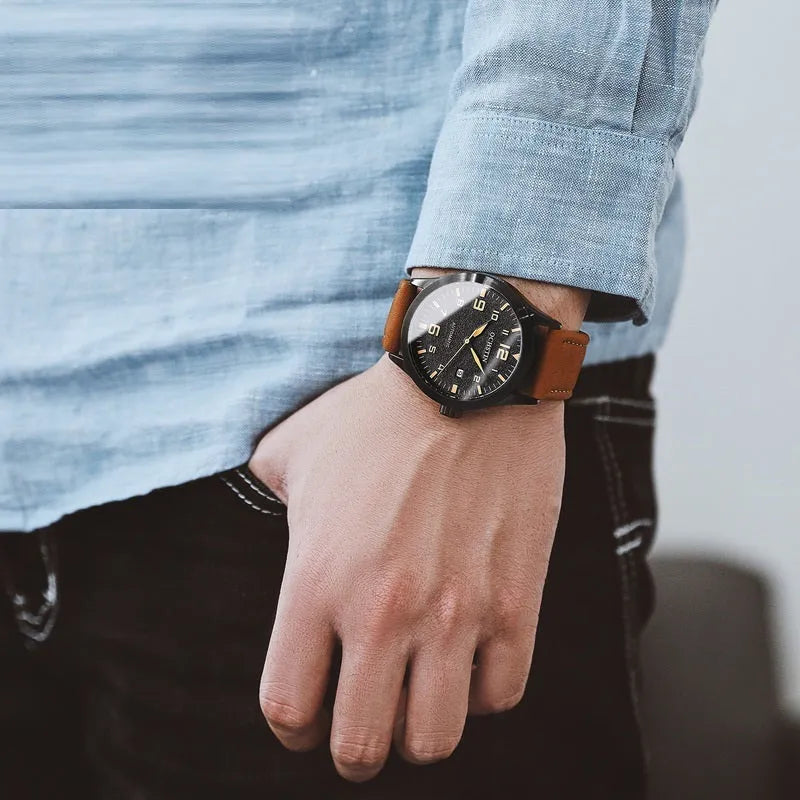 Men's retro automatic mechanical watch with leather strap and 12mm case