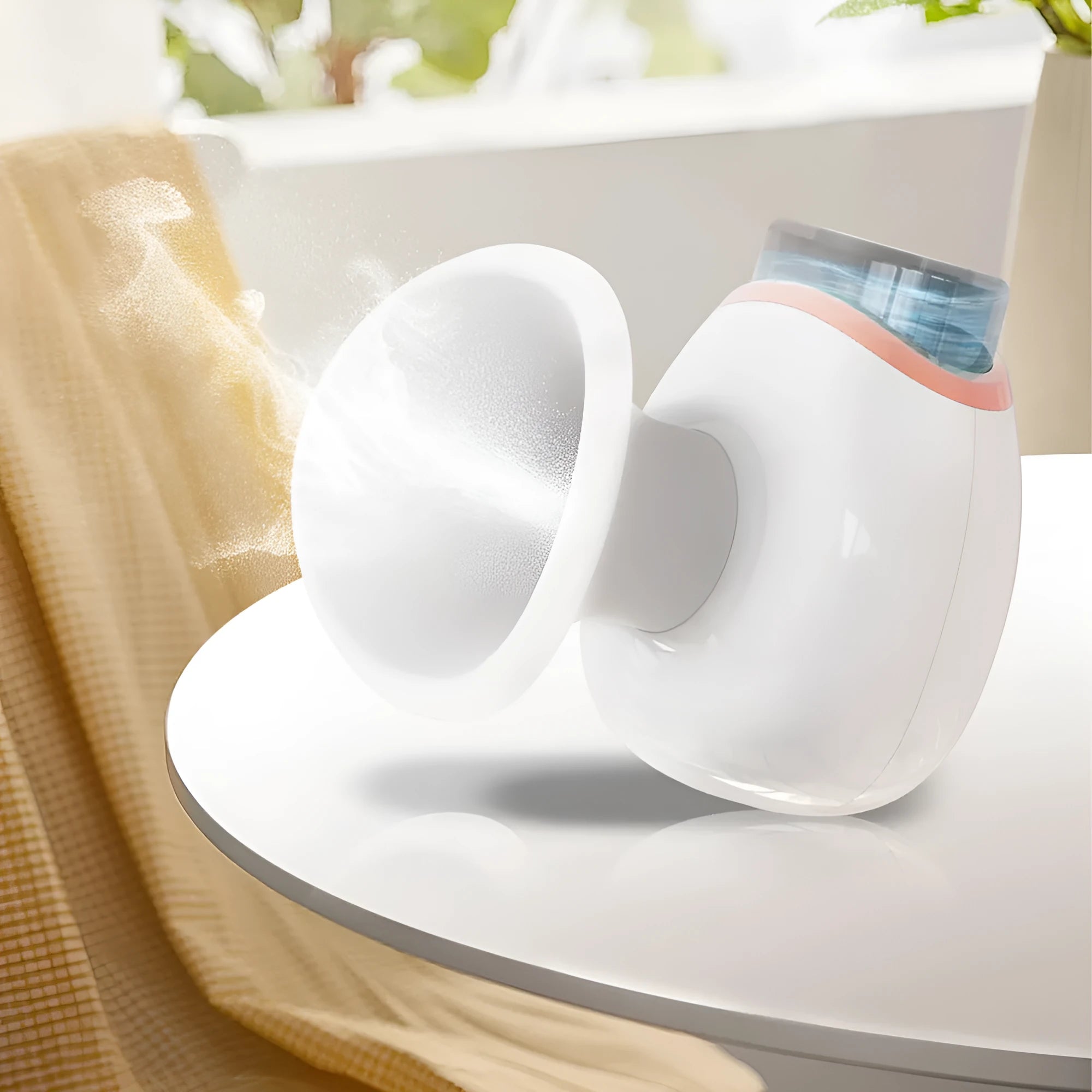 White and purple portable eye humidifier with charging cable and English manual
