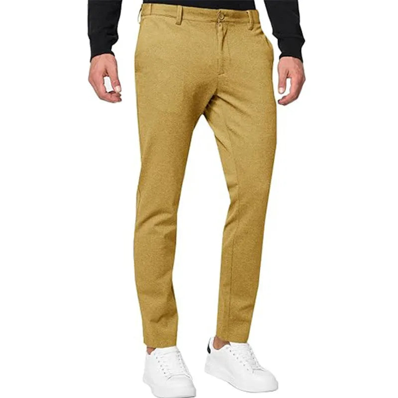 Men's slim-fit tapered chino trousers in cotton blend fabric showing Army Green colour option