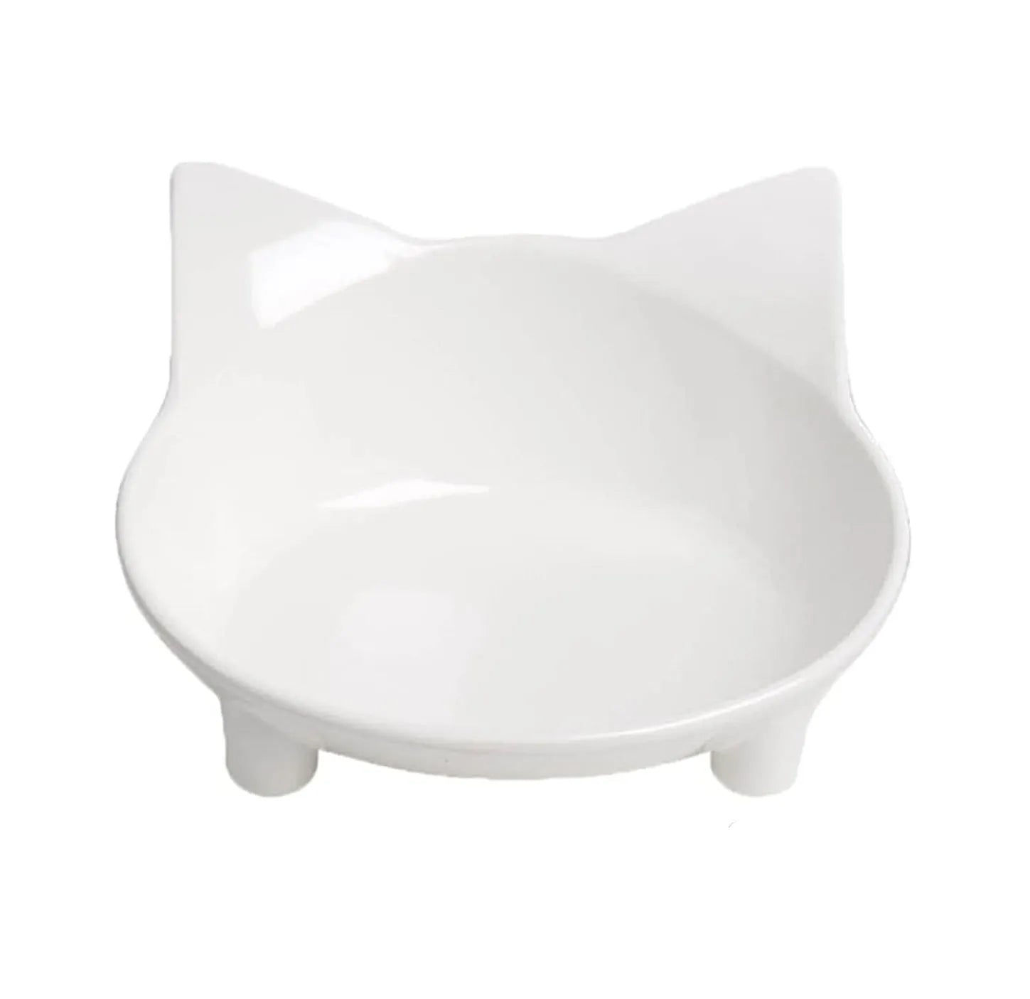 Set of four shallow black and white cat bowls with non-slip bases on a kitchen counter