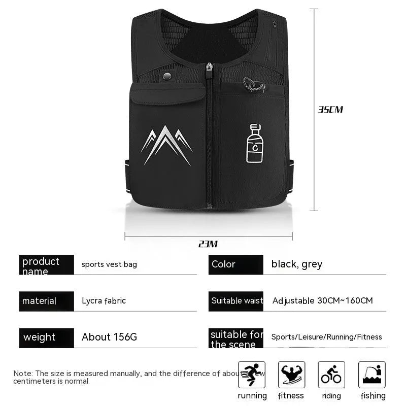 Black breathable mesh sports running vest with a front pocket for a mobile phone.