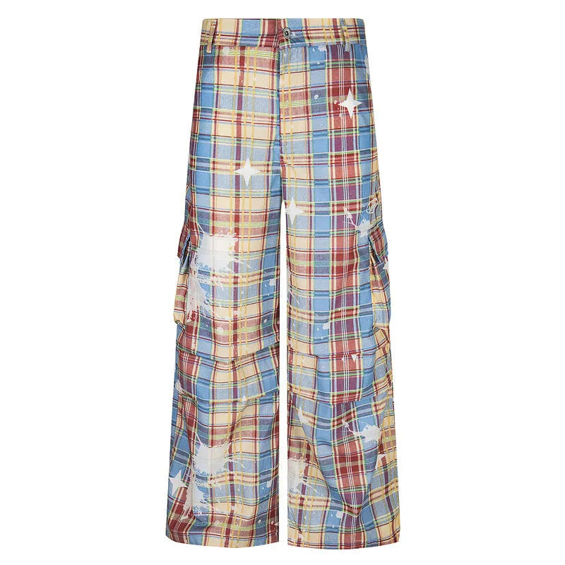 Blue and yellow plaid men's overalls with loose straight-leg cut and mid-waist styling