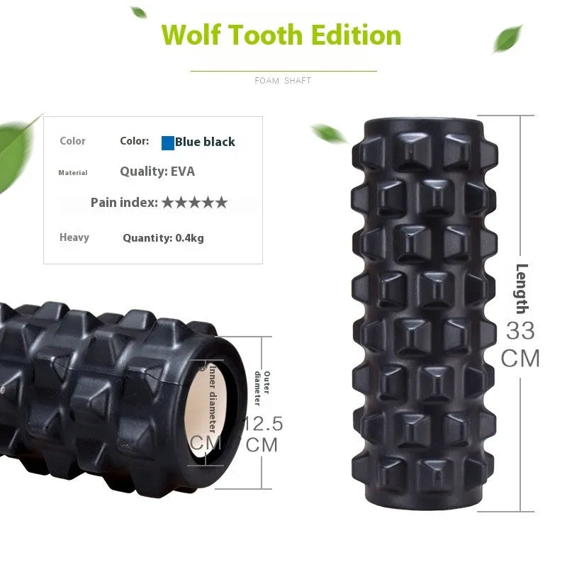 Black foam roller massage bar showing six sections, 33cm long, for muscle therapy.