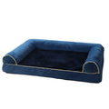 Square sponge dog bed with a breathable, washable cloth cover shown in a blue colour.