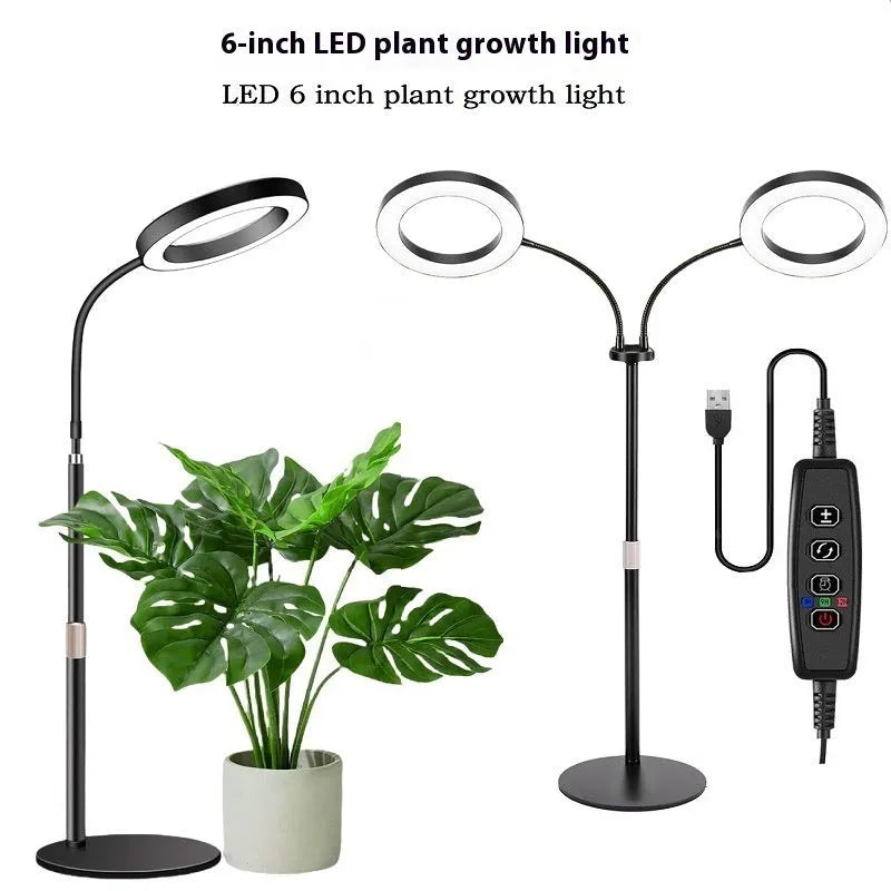 Pearl white 6-inch Angel Ring LED grow light on a retractable floor stand next to a houseplant.