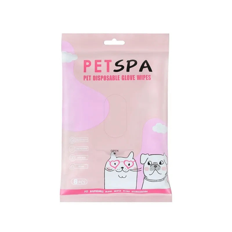Pack of 6 pet wipes gloves for dogs, wash-free dry cleaning, non-woven fabric grooming mitts in pink UK bag