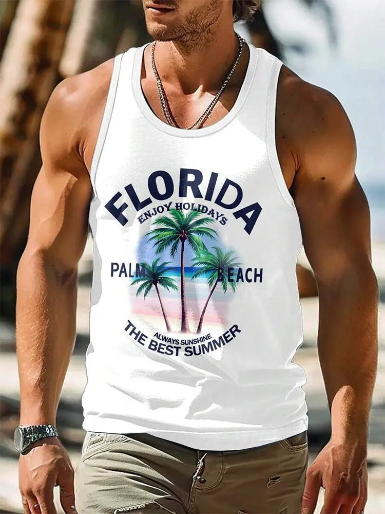 Men's Hawaiian style sleeveless tank top in polyester pinhole cloth showing solid colour option