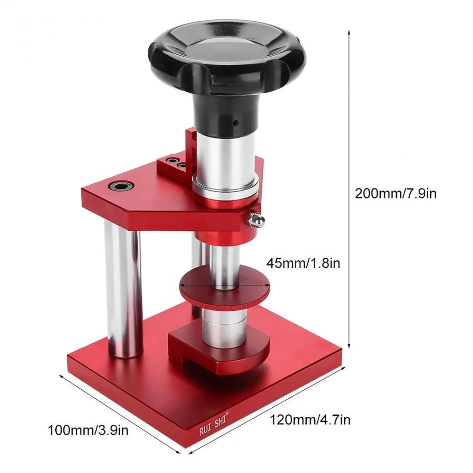 Watch repair spiral cap presser tool with twenty plastic moulds for back cover pressing