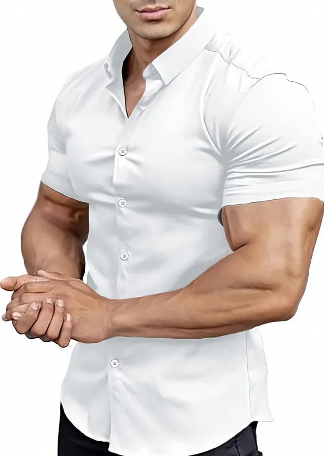 Men's casual short sleeve printed shirt with collar in cardigan style, available in multiple colours.