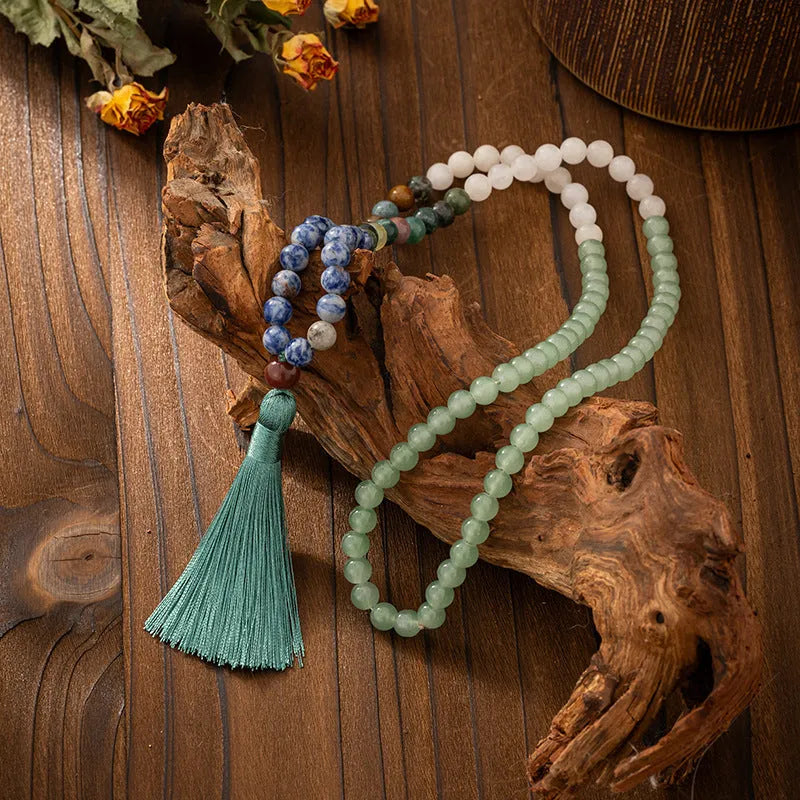 Vintage tassel bohemian beaded chain necklace and matching bracelet in natural stone with electroplated finish