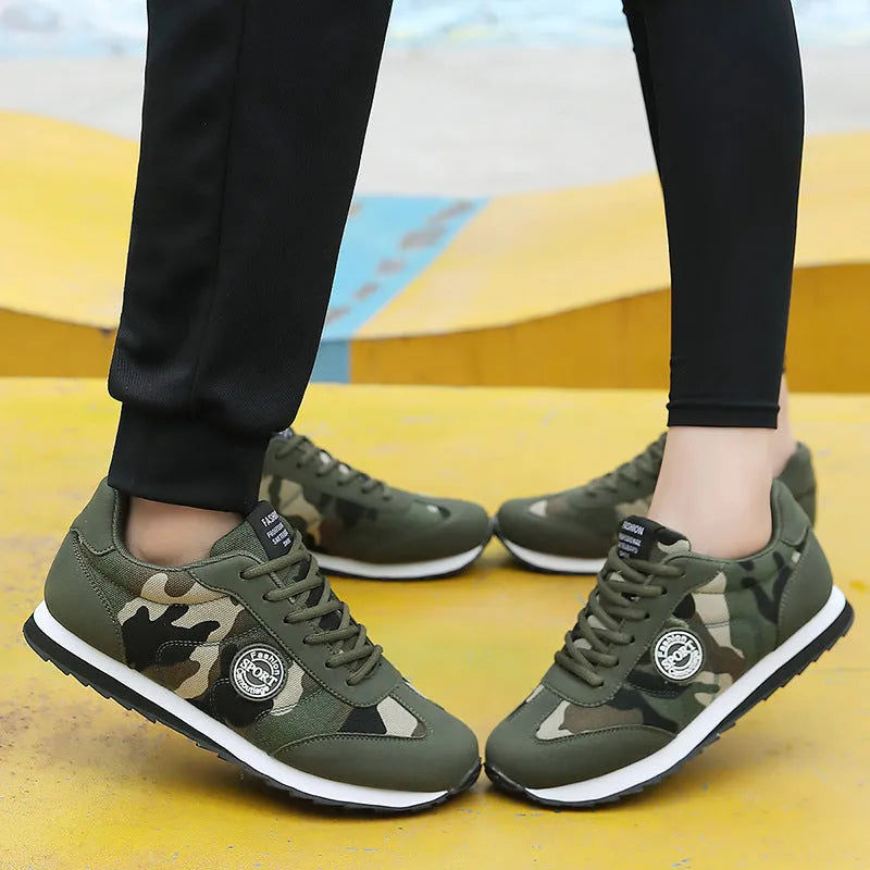 Camouflage pattern suede sports shoes with mesh lining and a flat foam sole.