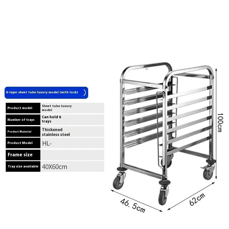 Six-layer stainless steel baking tray rack with locking mechanism, frame size 40x60cm.
