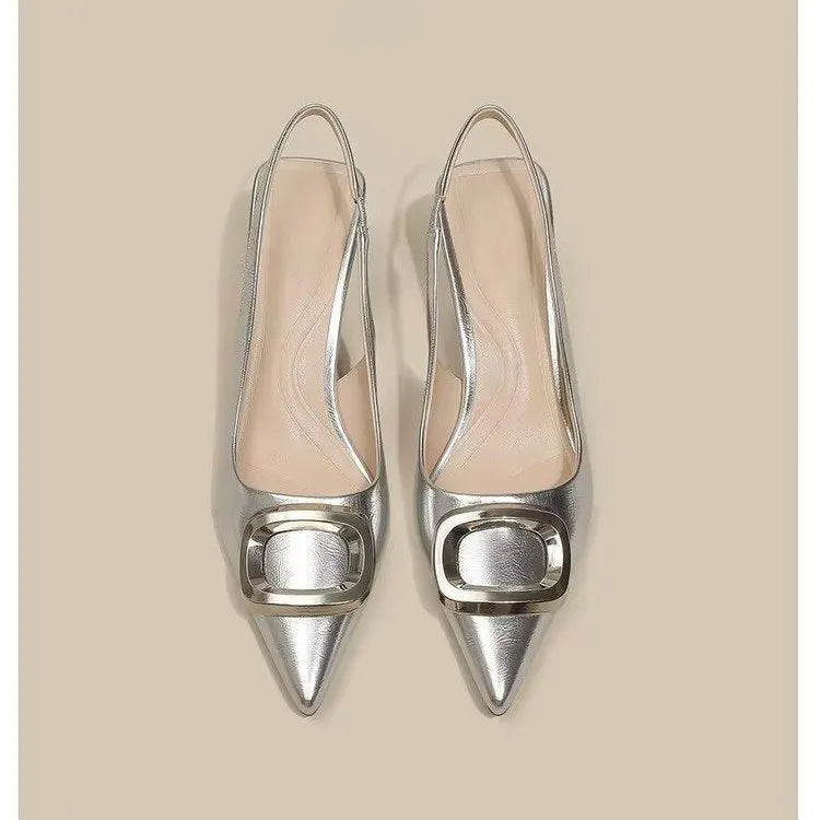 Pointed Toe Classy High Heels Women's French Square Buckle Dress Shoes Microfiber Rubber Commuting Work Heels Available in Black Cream White Silver Sizes 35-39