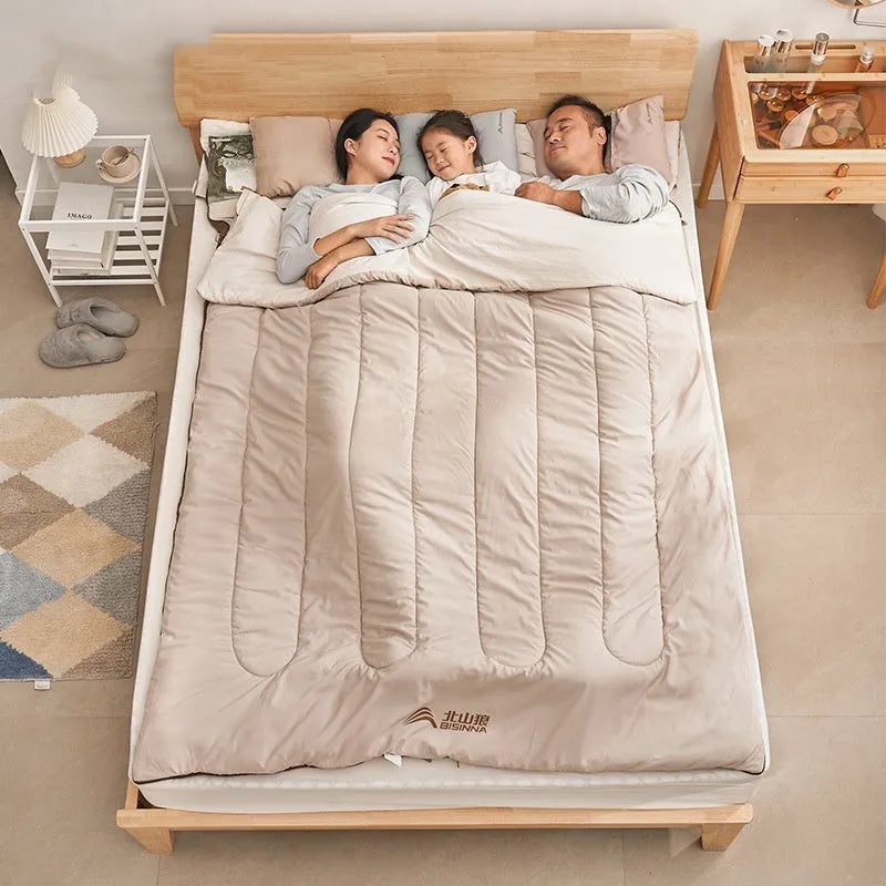 Double sleeping bag in coffee gray with envelope structure for two-person camping