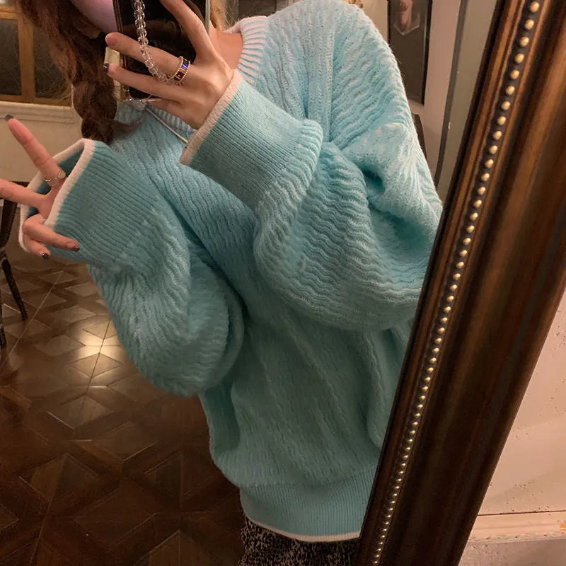 Women's loose fit pullover sweater in lake blue, purple, or pink retro colours
