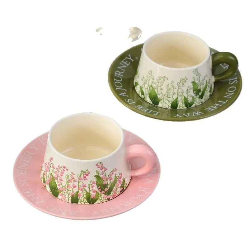Ceramic coffee cup and saucer set with 300ml capacity cups and matching stirring spoons
