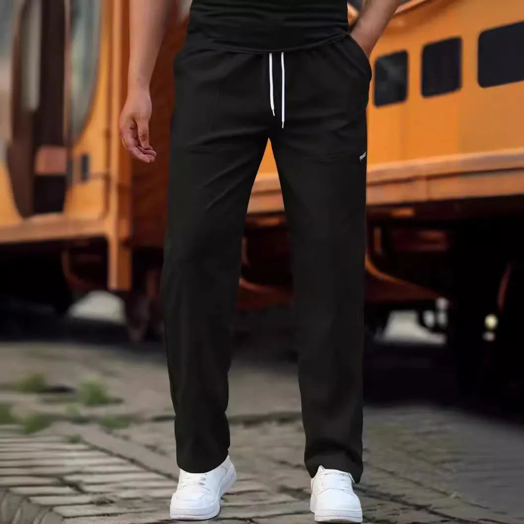 Men's polyester trousers in multiple colours including light grey, dark green, black for spring and autumn wear
