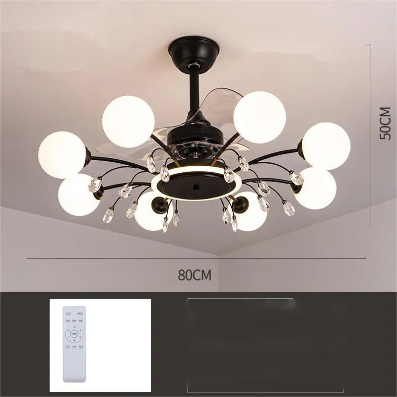 Gold finish ceiling fan chandelier with multiple lights and metal blades, shown installed in a living room.