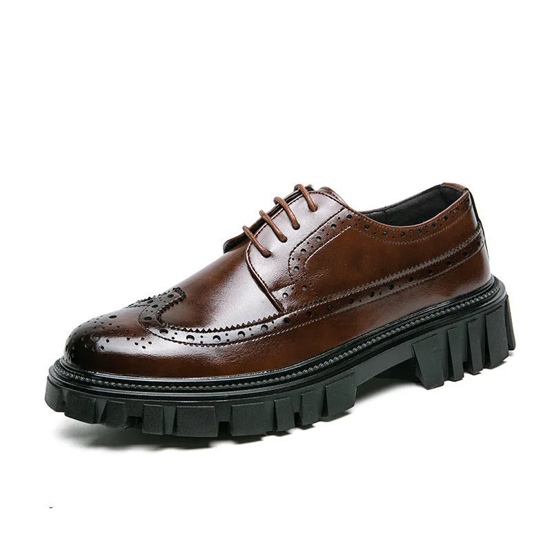 Men's black and brown business brogue shoes with round toe and brogue detailing.